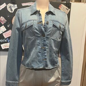 Brand new cropped Women's Blue Jean Jacket. Upcycled. With heart design on back